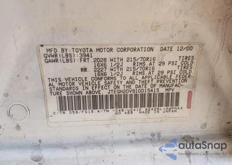 2001 Toyota Rav4 from USA, damaged, VIN JTEGH20V910015415